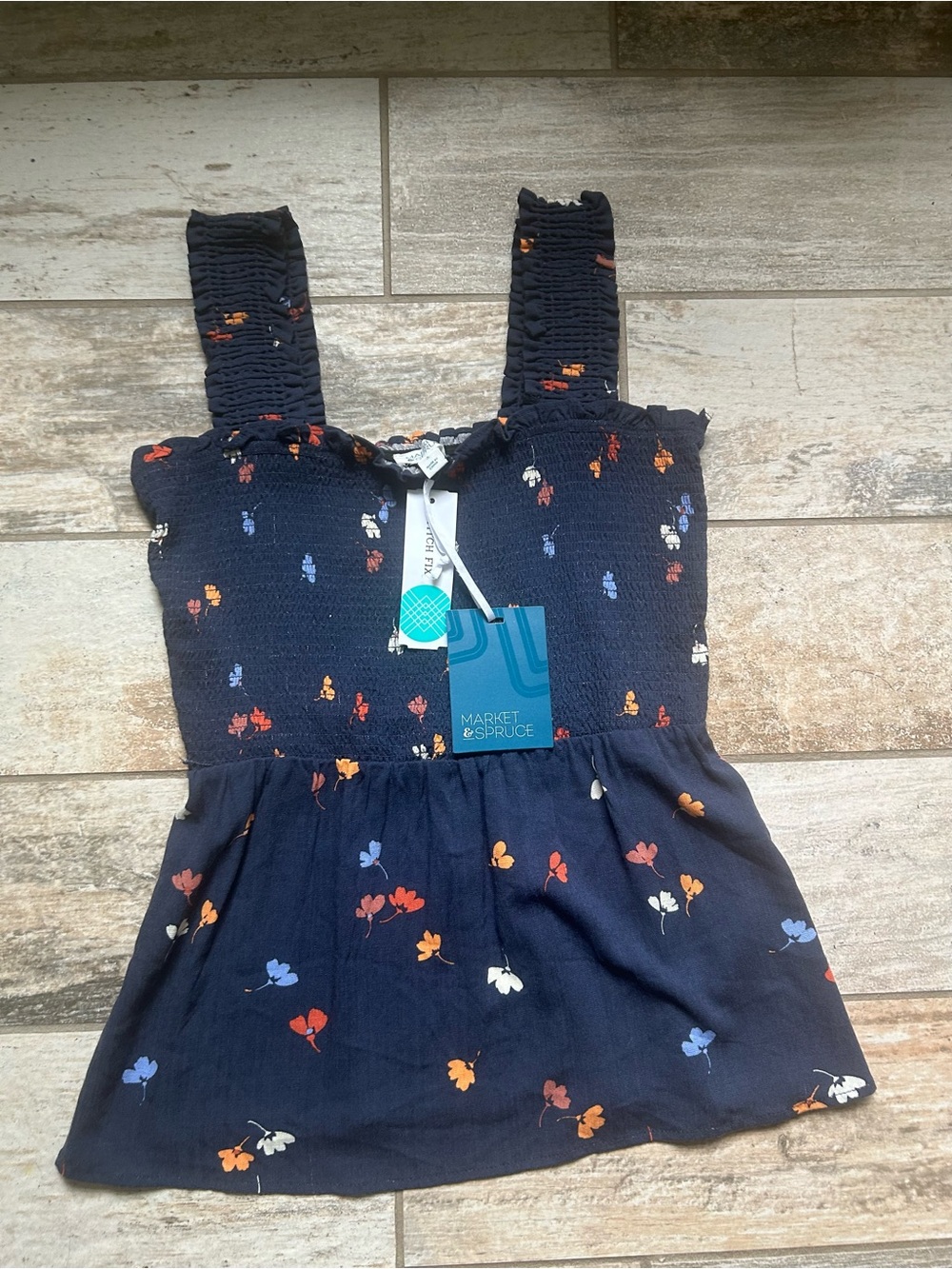 Market & Spruce Navy Floral Smocked Tank Top (sz S)